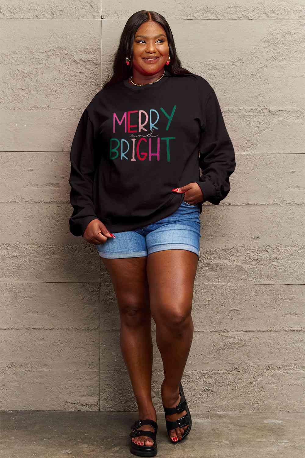 Simply Love Full Size MERRY AND BRIGHT Graphic Sweatshirt - SwagglyLife Home & Fashion