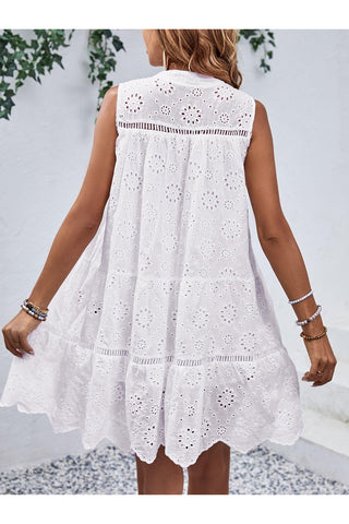 Somewhere Sunny Eyelet Tie Neck Sleeveless Mini Dress - SwagglyLife Home & Fashion