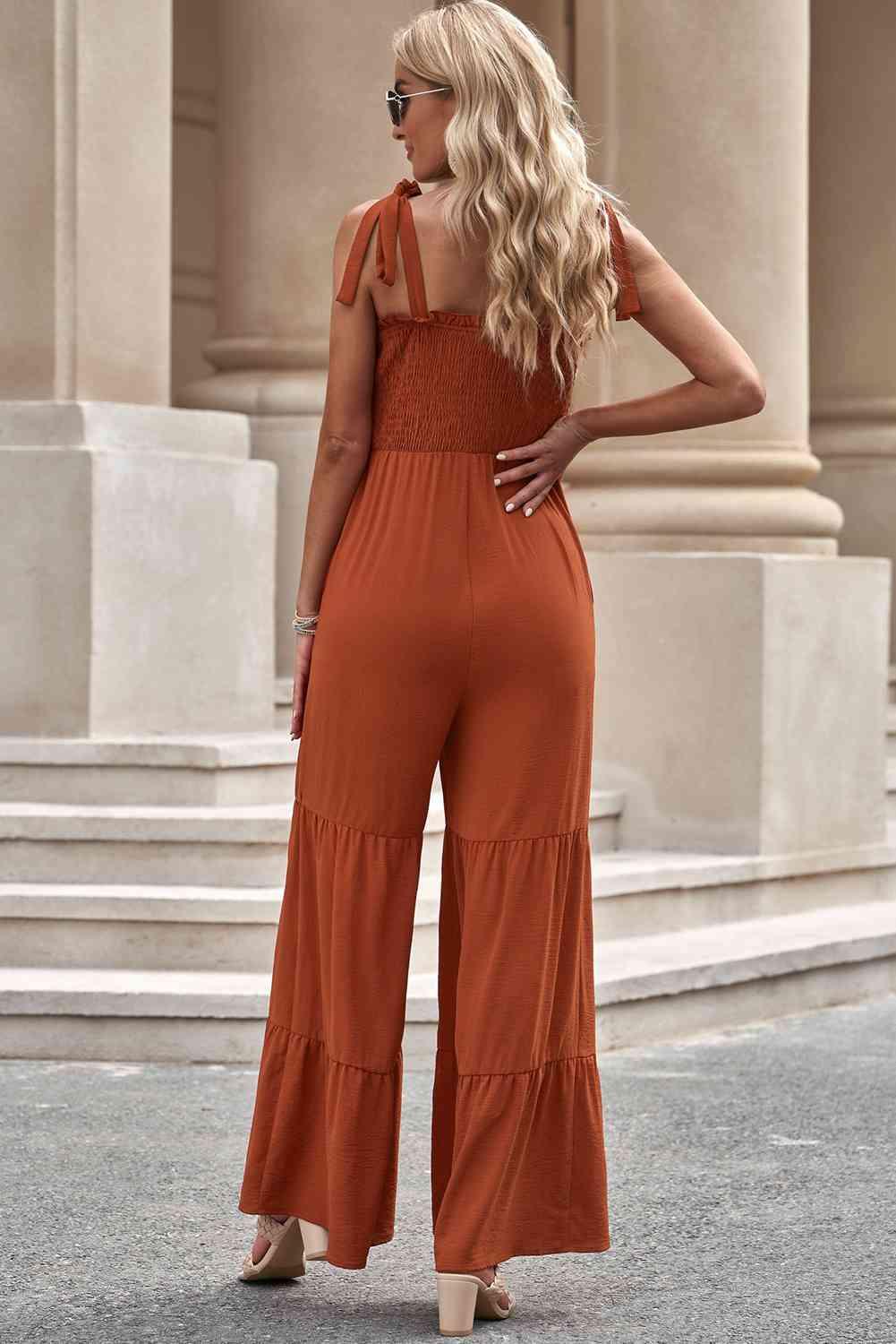 Sonia Tie-Shoulder Smocked Tiered Jumpsuit - SwagglyLife Home & Fashion