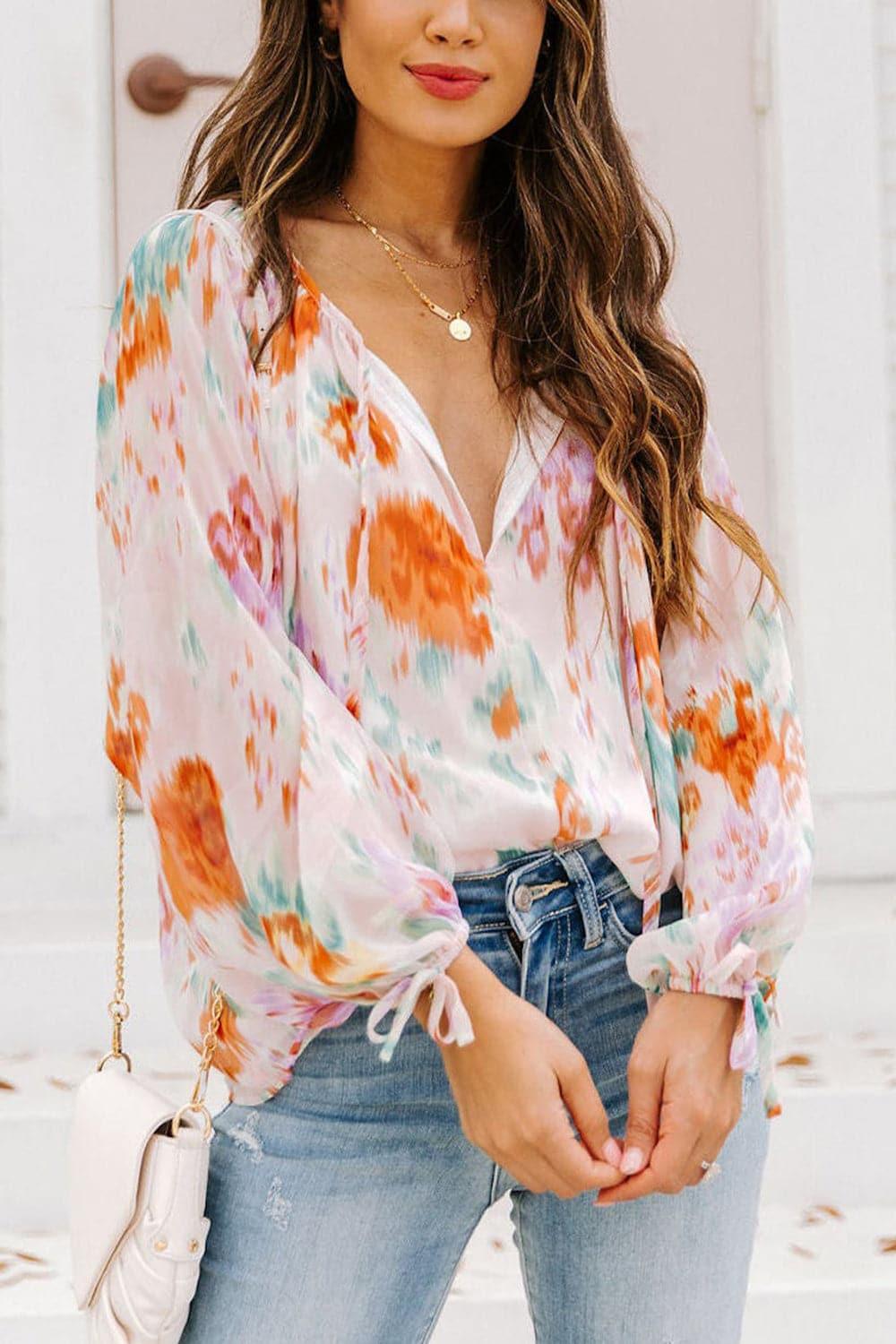 Stacy Printed Tie Neck Long Sleeve Blouse - SwagglyLife Home & Fashion