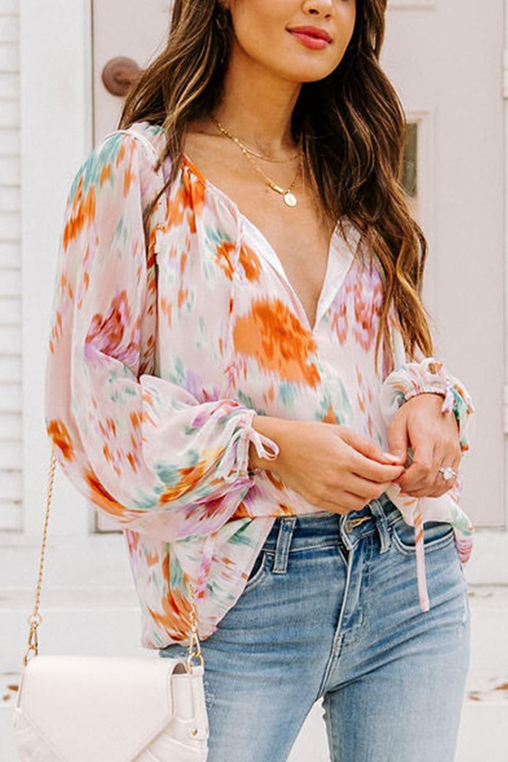 Stacy Printed Tie Neck Long Sleeve Blouse - SwagglyLife Home & Fashion