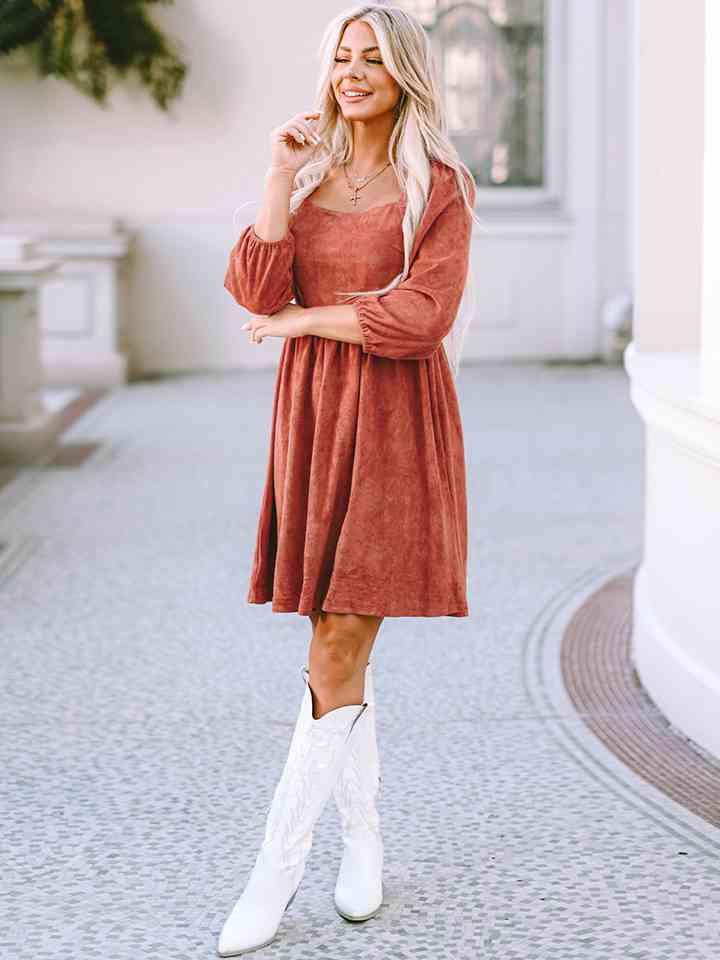 Stella Square Neck Three-Quarter Sleeve Mini Dress - SwagglyLife Home & Fashion