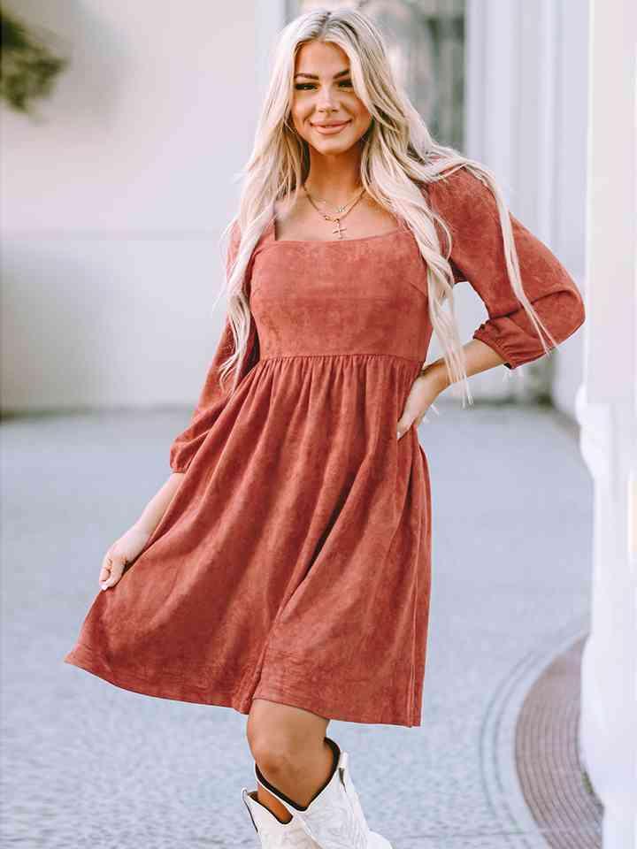 Stella Square Neck Three-Quarter Sleeve Mini Dress - SwagglyLife Home & Fashion