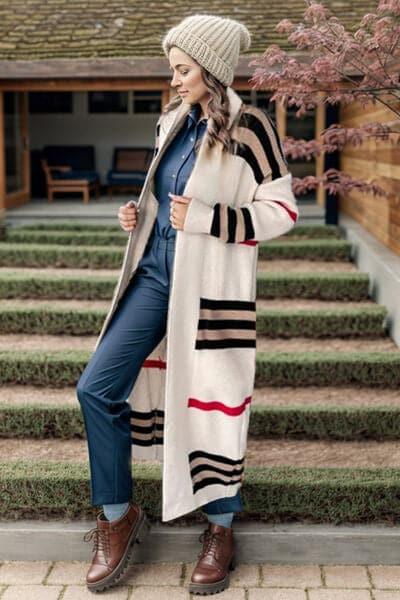 Steph Striped Open Front Long Sleeve Longline Sweater Cardigan - SwagglyLife Home & Fashion