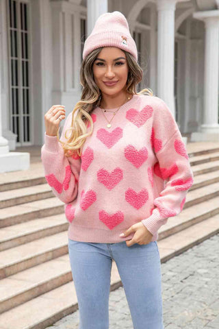 Sweet Love Round Neck Dropped Shoulder Sweater with Heart Pattern - SwagglyLife Home & Fashion