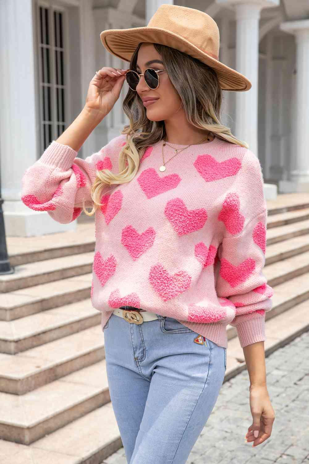 Sweet Love Round Neck Dropped Shoulder Sweater with Heart Pattern - SwagglyLife Home & Fashion