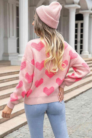 Sweet Love Round Neck Dropped Shoulder Sweater with Heart Pattern - SwagglyLife Home & Fashion