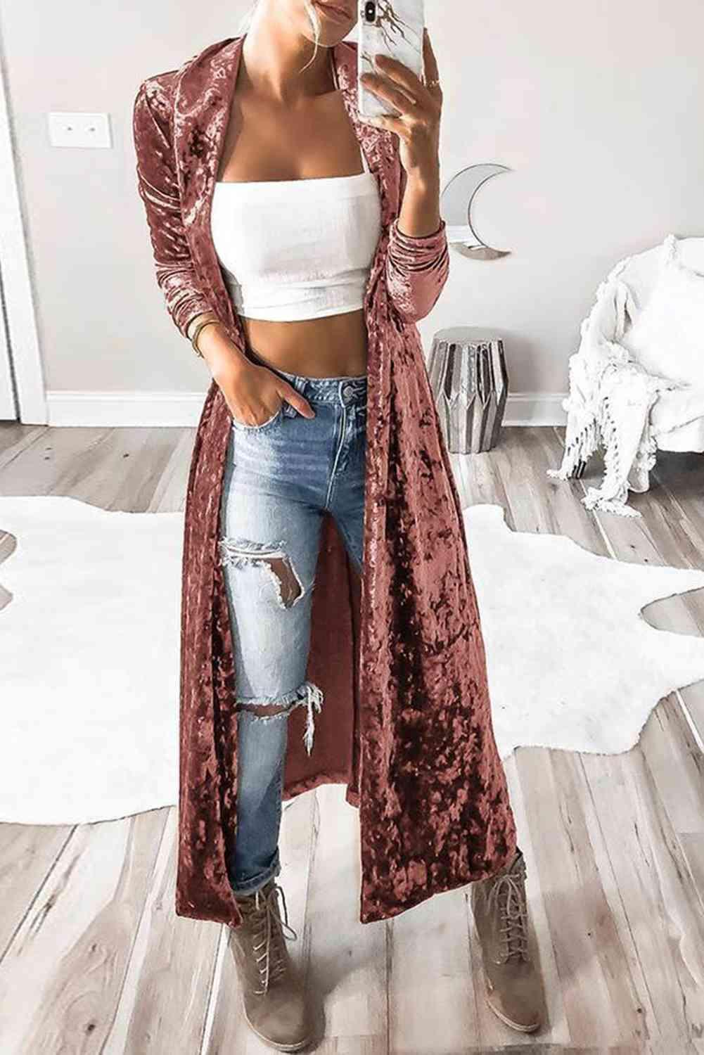 Open Front Long Sleeve Longline Velvet Cardigan - SwagglyLife Home & Fashion