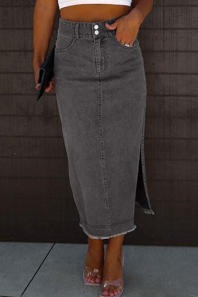 Tara Raw Hem Slit Pocketed Midi Denim Skirt - SwagglyLife Home & Fashion