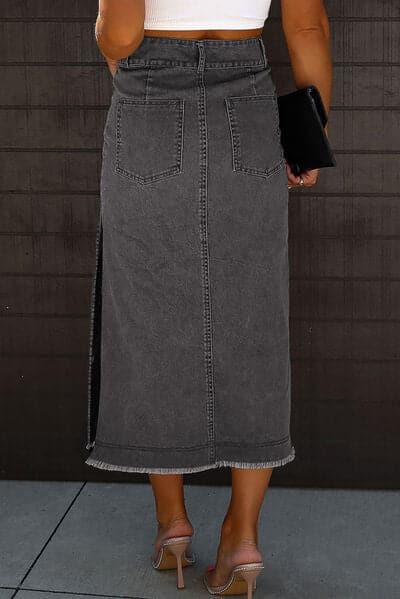 Tara Raw Hem Slit Pocketed Midi Denim Skirt - SwagglyLife Home & Fashion