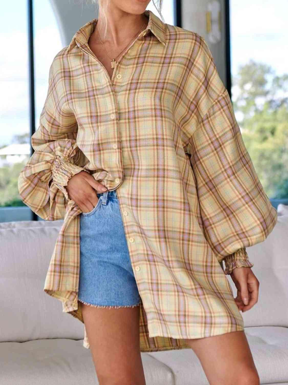 That's What She Said Plaid Lantern Sleeve Shirt - SwagglyLife Home & Fashion