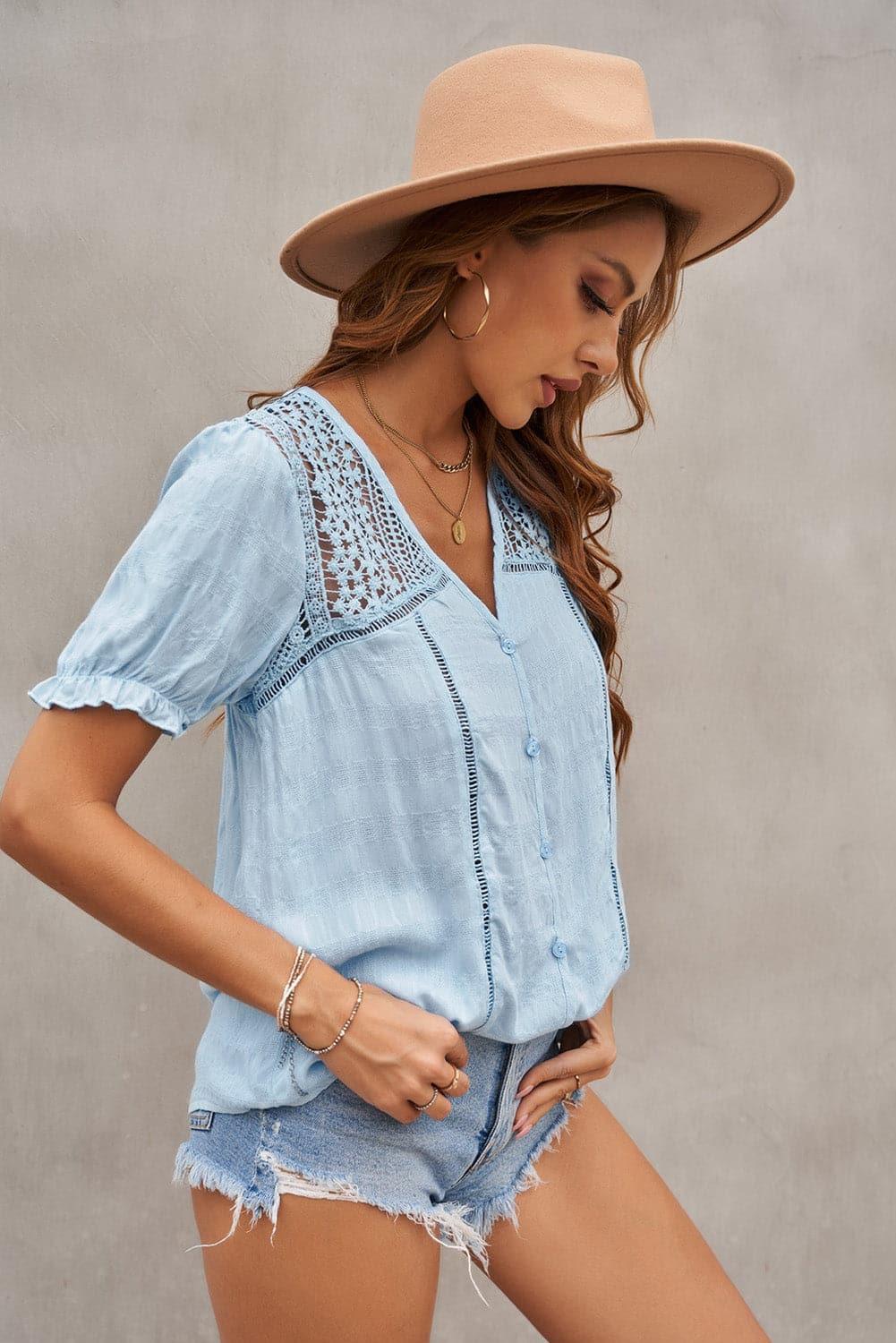 Thinking 'Bout Sunshine Lace Detail Button Up Short Sleeve Top - SwagglyLife Home & Fashion