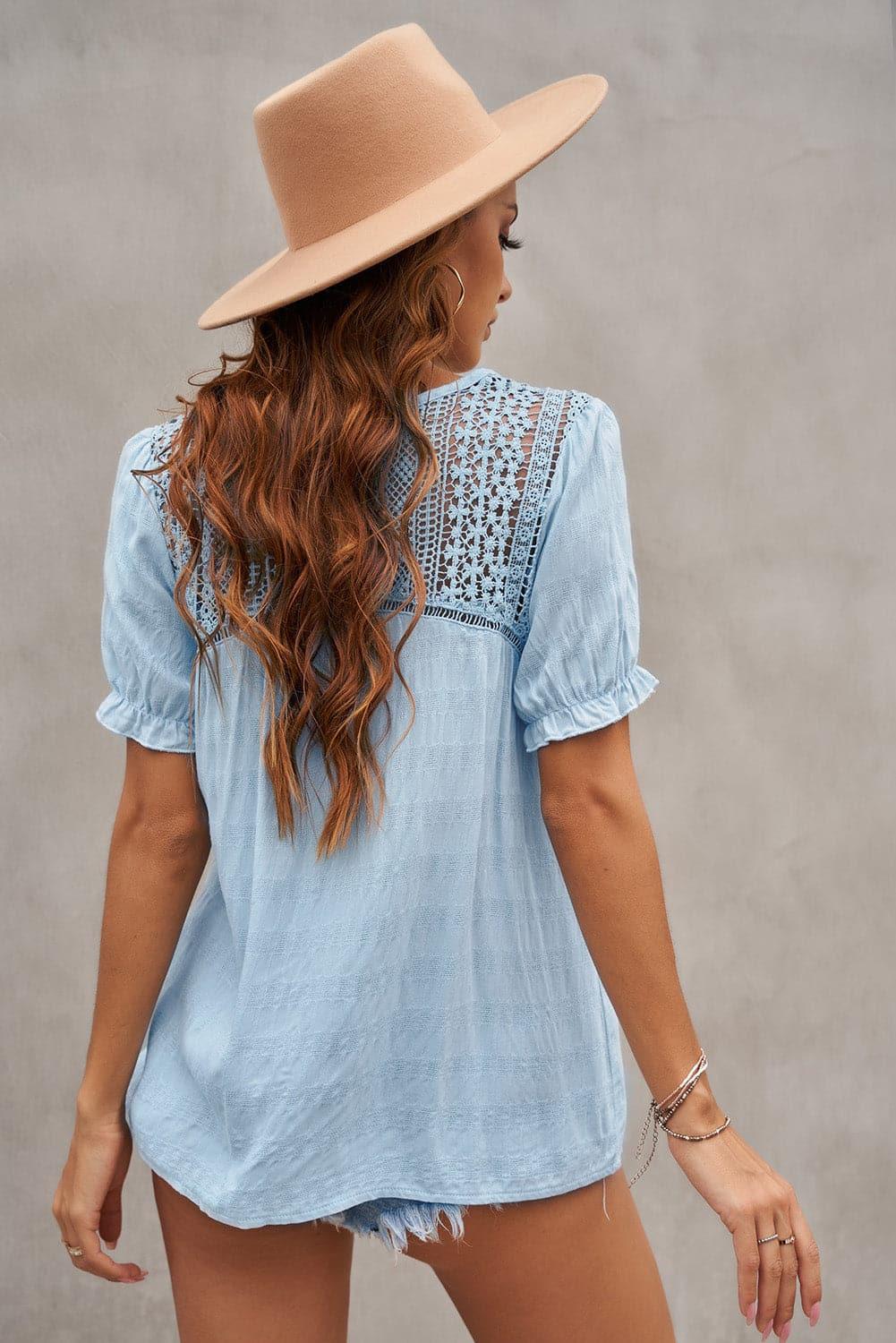 Thinking 'Bout Sunshine Lace Detail Button Up Short Sleeve Top - SwagglyLife Home & Fashion