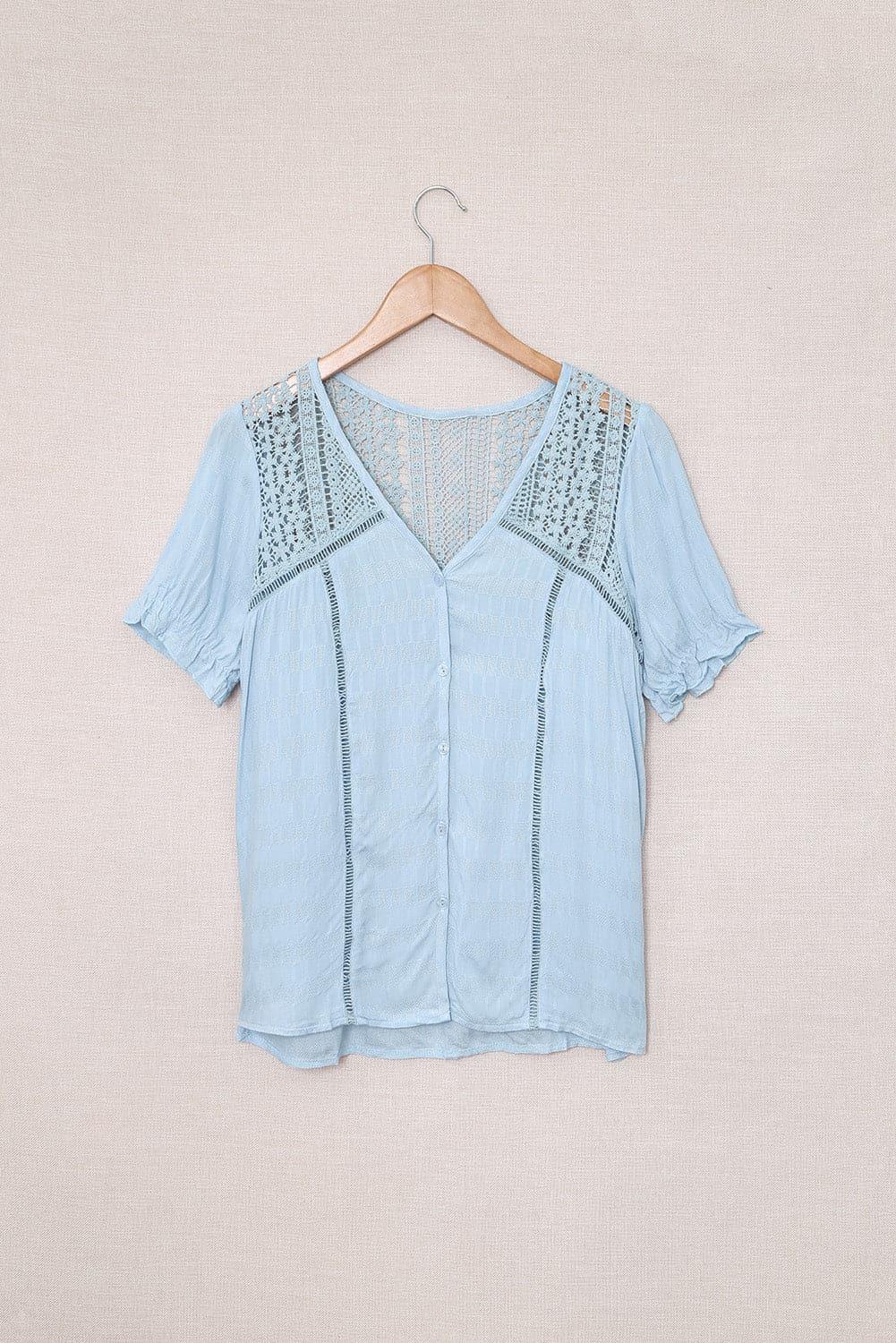 Thinking 'Bout Sunshine Lace Detail Button Up Short Sleeve Top - SwagglyLife Home & Fashion