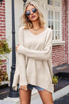 V-Neck Dropped Shoulder Ribbed Long Sleeve Sweater - SwagglyLife Home & Fashion