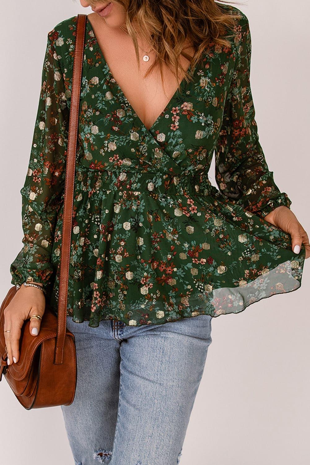 Vera Floral Surplice Peplum Blouse - SwagglyLife Home & Fashion