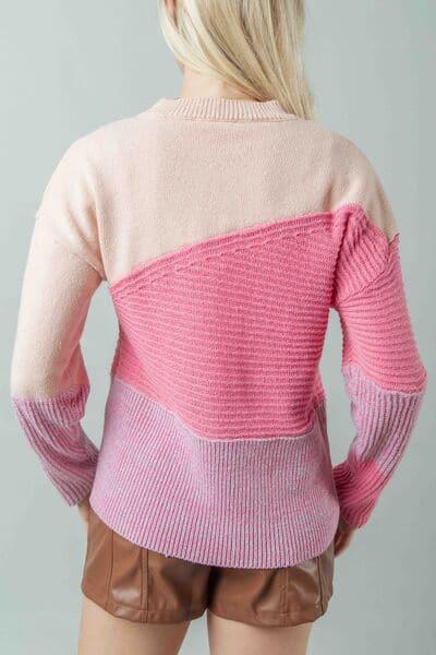 VERY J Color Block Long Sleeve Sweater - SwagglyLife Home & Fashion