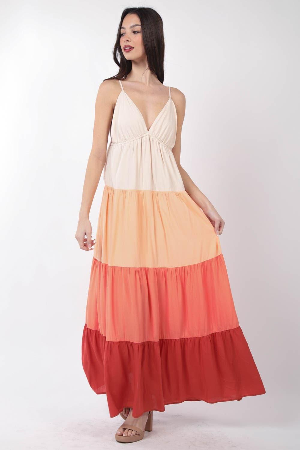 VERY J Color Block Tiered Maxi Cami Dress - SwagglyLife Home & Fashion