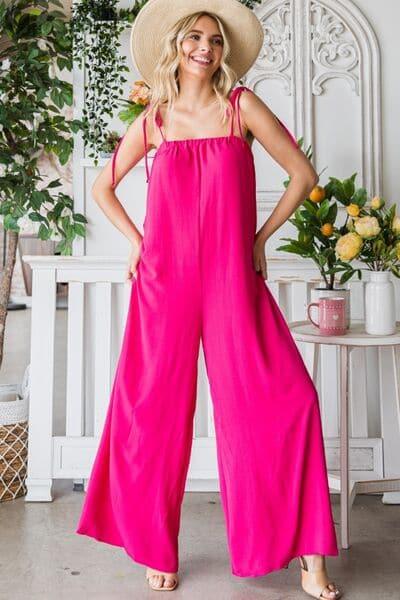 Veveret Pocketed Spaghetti Strap Wide Leg Jumpsuit - SwagglyLife Home & Fashion