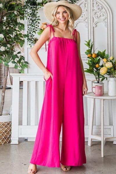 Veveret Pocketed Spaghetti Strap Wide Leg Jumpsuit - SwagglyLife Home & Fashion