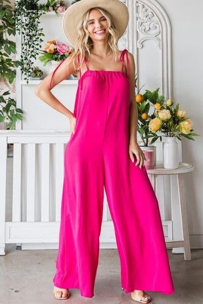 Veveret Pocketed Spaghetti Strap Wide Leg Jumpsuit - SwagglyLife Home & Fashion