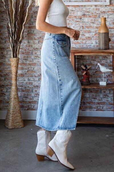 Veveret Slit Mid Rise Waist Denim Skirt - SwagglyLife Home & Fashion