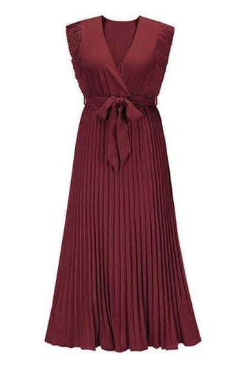 Whitney Tied Surplice Cap Sleeve Pleated Dress - SwagglyLife Home & Fashion