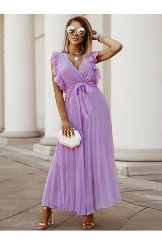 Whitney Tied Surplice Cap Sleeve Pleated Dress - SwagglyLife Home & Fashion