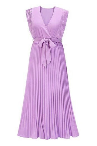 Whitney Tied Surplice Cap Sleeve Pleated Dress - SwagglyLife Home & Fashion