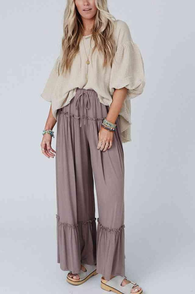 Wide Leg Ruffle Trim Pants - SwagglyLife Home & Fashion