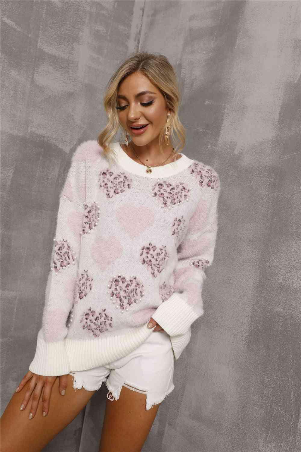 Wild Heart Pattern Round Neck Long Sleeve Sweater - SwagglyLife Home & Fashion