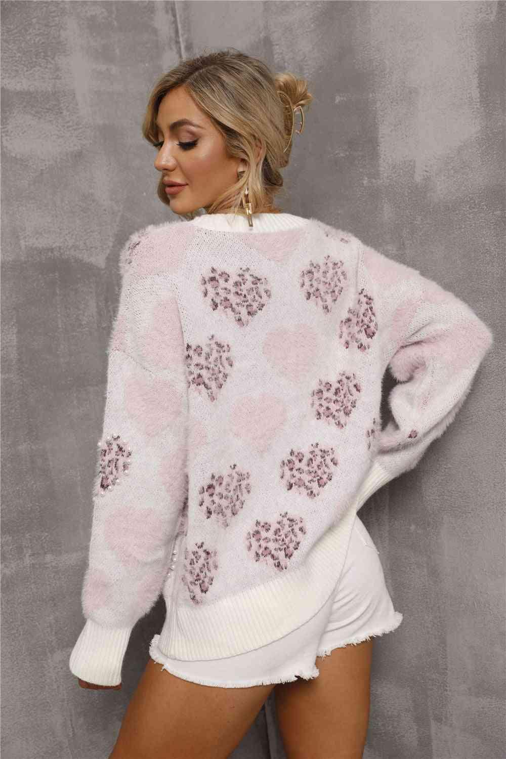 Wild Heart Pattern Round Neck Long Sleeve Sweater - SwagglyLife Home & Fashion