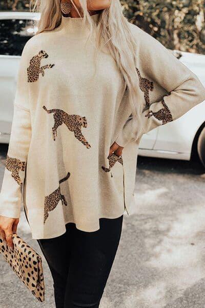 WILD THING Animal Pattern Mock Neck Long Sleeve Slit Sweater - SwagglyLife Home & Fashion