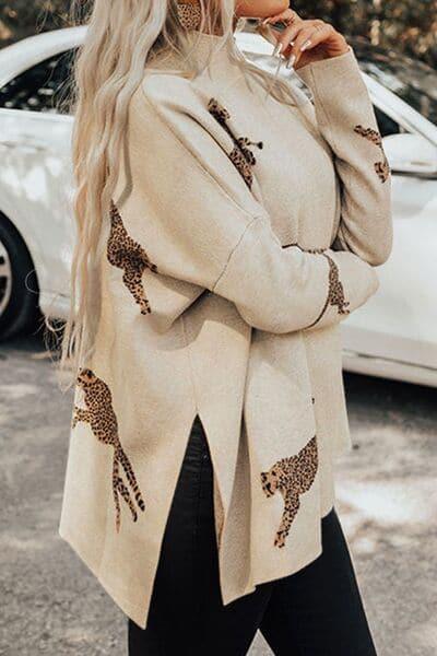 WILD THING Animal Pattern Mock Neck Long Sleeve Slit Sweater - SwagglyLife Home & Fashion