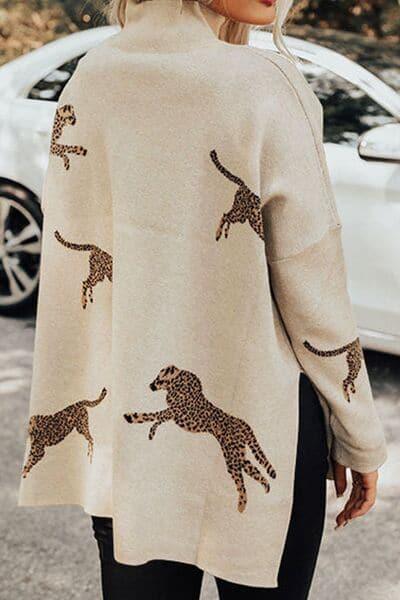 WILD THING Animal Pattern Mock Neck Long Sleeve Slit Sweater - SwagglyLife Home & Fashion