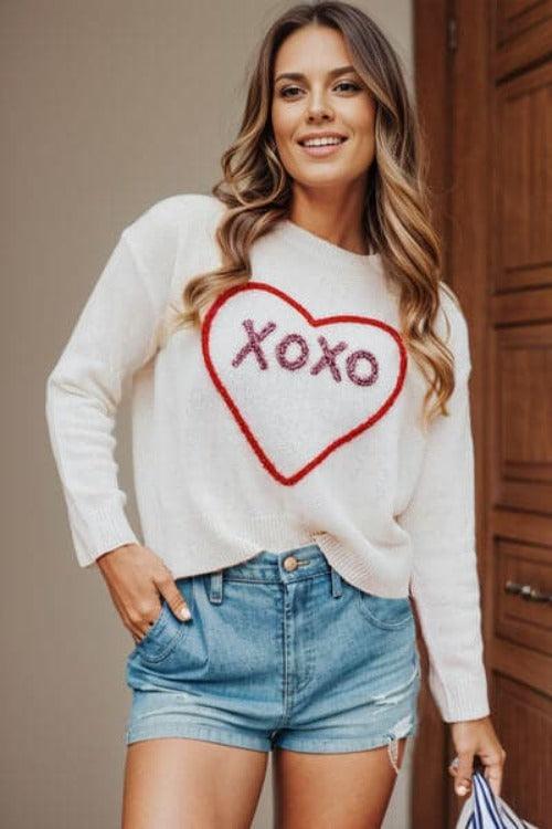 XOXO Heart Round Neck Dropped Shoulder Sweater - SwagglyLife Home & Fashion