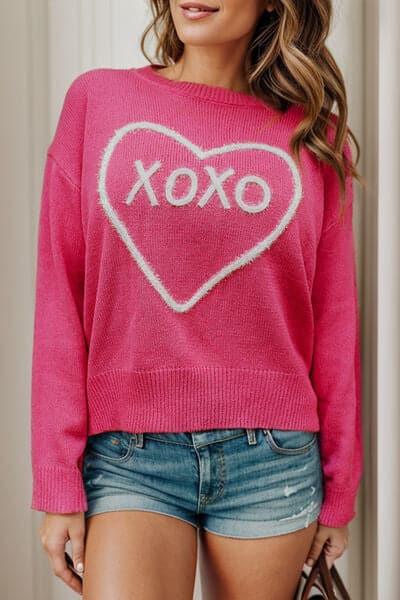 XOXO Heart Round Neck Dropped Shoulder Sweater - SwagglyLife Home & Fashion