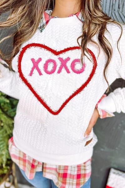 XOXO Heart Round Neck Dropped Shoulder Sweatshirt - SwagglyLife Home & Fashion