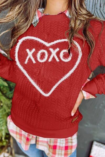 XOXO Heart Round Neck Dropped Shoulder Sweatshirt - SwagglyLife Home & Fashion