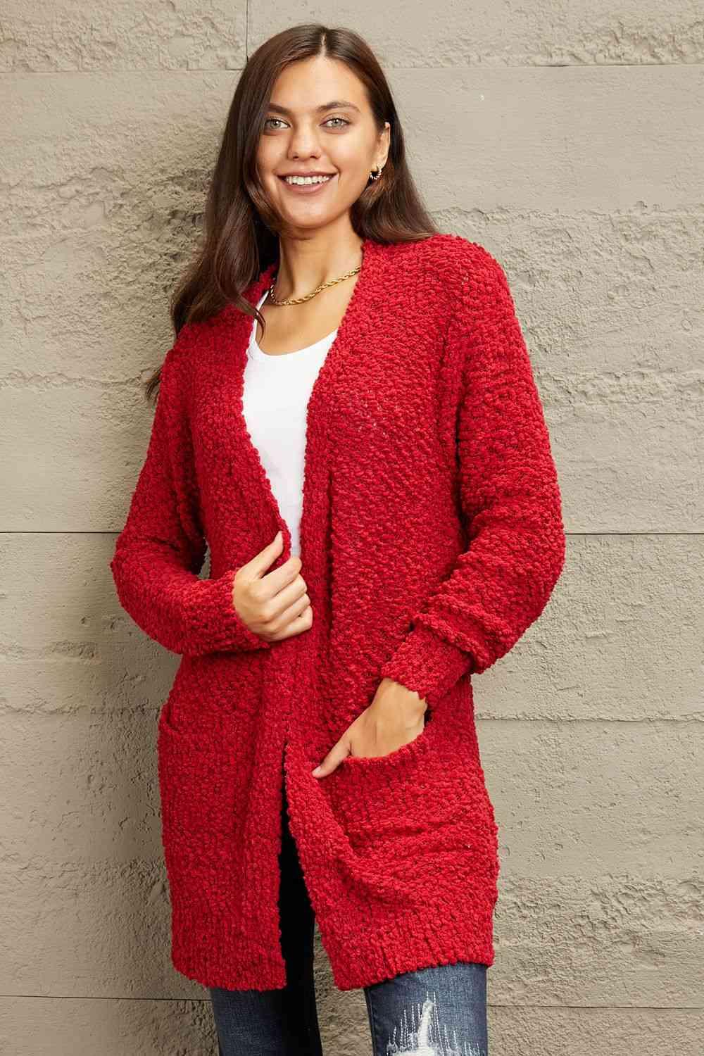 Zenana Falling For You Full Size Open Front Popcorn Cardigan - SwagglyLife Home & Fashion