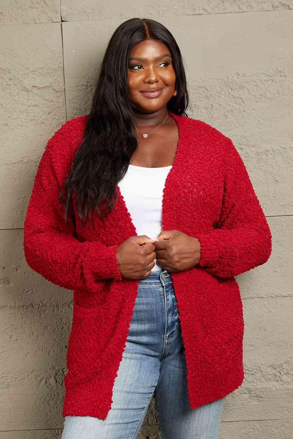 Zenana Falling For You Full Size Open Front Popcorn Cardigan - SwagglyLife Home & Fashion