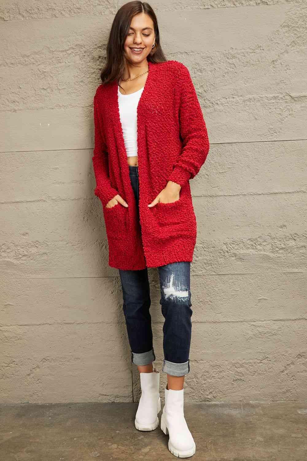 Zenana Falling For You Full Size Open Front Popcorn Cardigan - SwagglyLife Home & Fashion