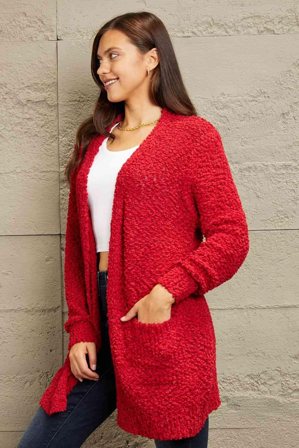 Zenana Falling For You Full Size Open Front Popcorn Cardigan - SwagglyLife Home & Fashion