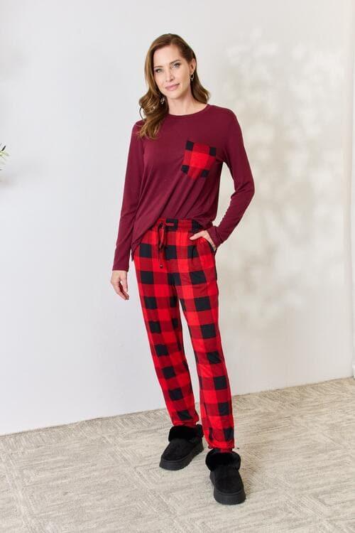 Zenana Full Size Plaid Round Neck Top and Pants Pajama Set - SwagglyLife Home & Fashion