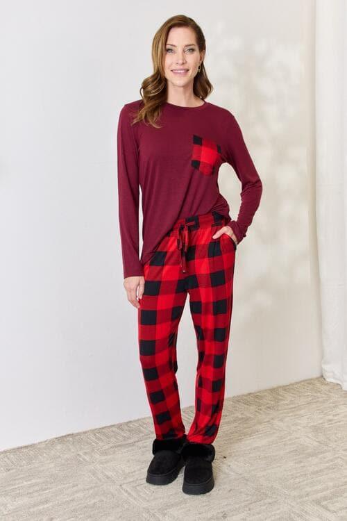 Zenana Full Size Plaid Round Neck Top and Pants Pajama Set - SwagglyLife Home & Fashion