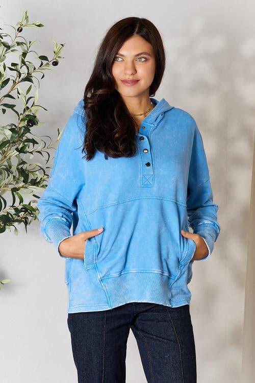 Zenana Half Snap Long Sleeve Hoodie with Pockets - SwagglyLife Home & Fashion