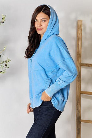 Zenana Half Snap Long Sleeve Hoodie with Pockets - SwagglyLife Home & Fashion