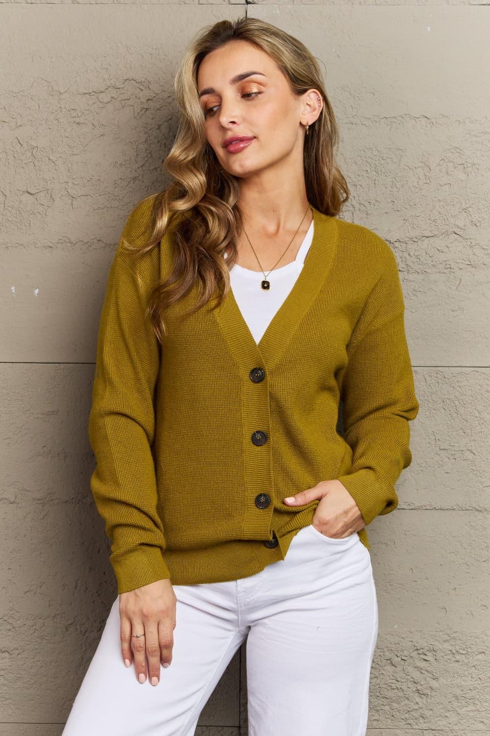 Zenana Kiss Me Tonight Full Size Button Down Cardigan in Chartreuse - SwagglyLife Home & Fashion